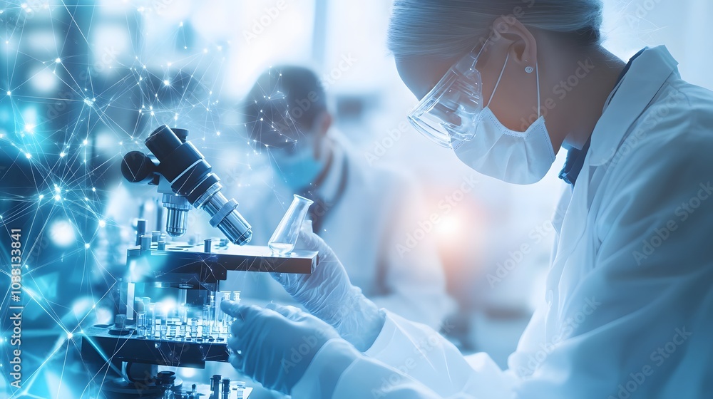 Poster scientist examining samples with a microscope in a laboratory