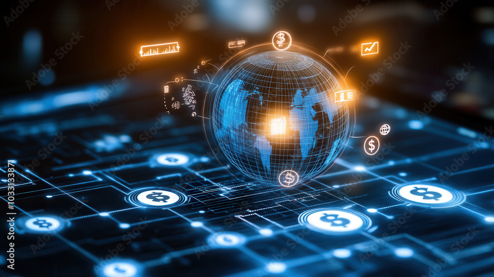 Poster digital representation of global financial network with currency symbols and data analytics. image c