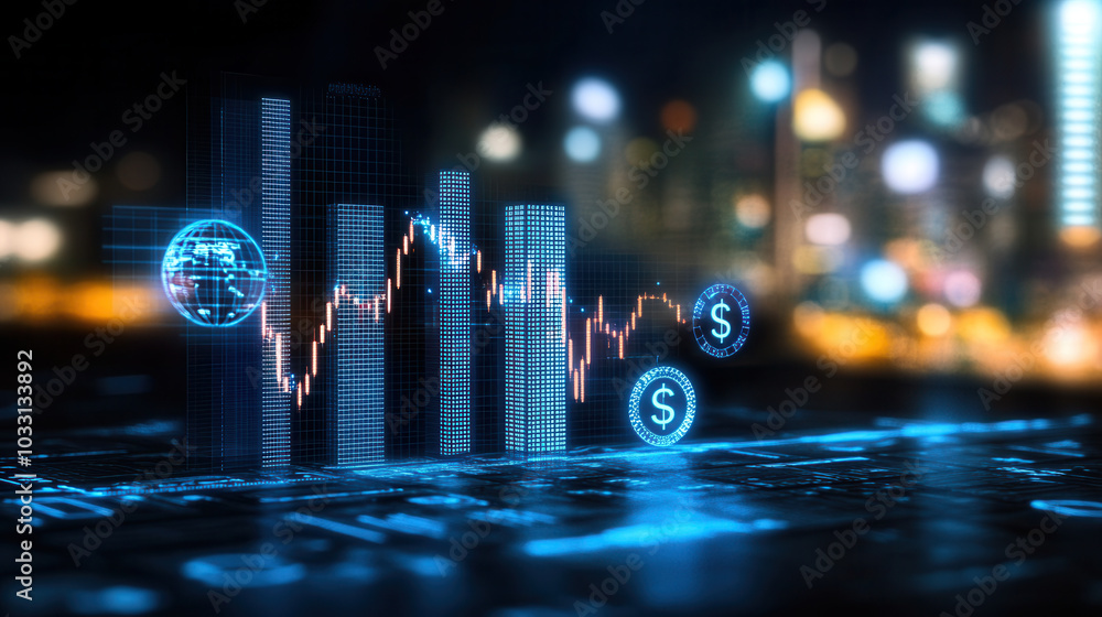 Poster digital financial data visualization with graphs and currency symbols, showcasing upward trend in in
