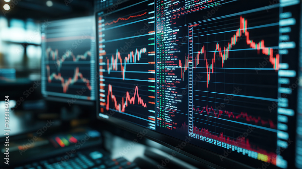Poster stock market charts display fluctuating data on multiple screens, showcasing mix of rising and falli