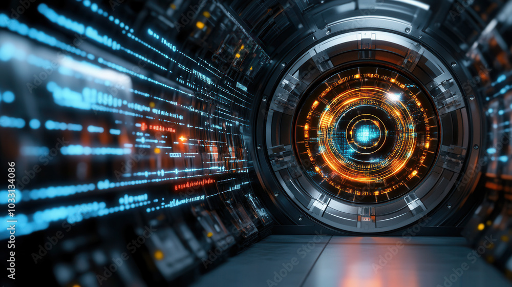 Poster futuristic technology with glowing circular interface and data streams. intricate design showcases b