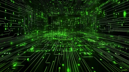 Futuristic Digital Landscape with Glowing Green Circuits and Lights