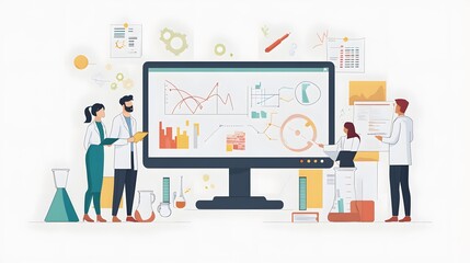 A Team of Scientists Analyze Data on a Large Computer Screen