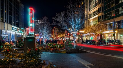 A bustling city street at night, decorated for the holidays with twinkling lights and Christmas trees.