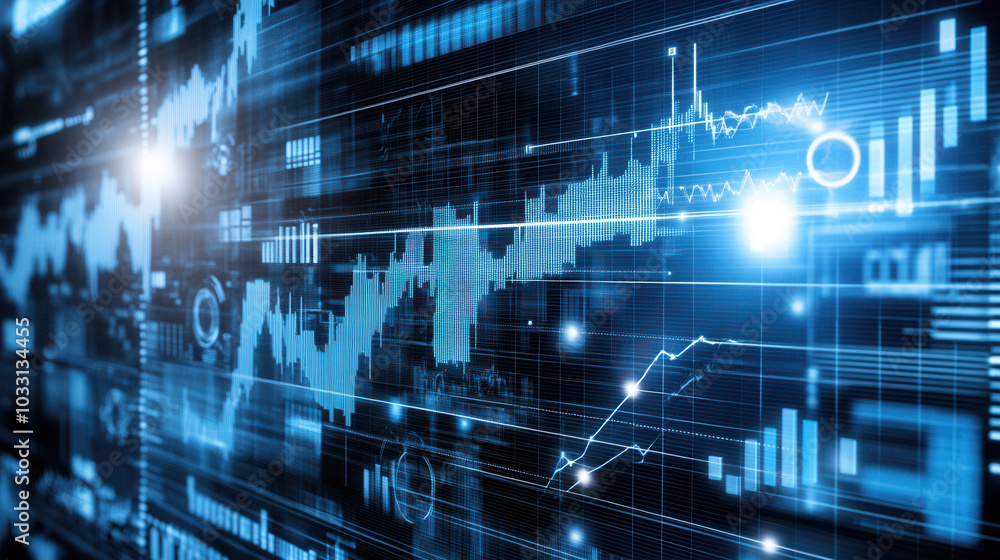 Poster digital display of fluctuating interest rates and financial data, showcasing graphs and charts in fu