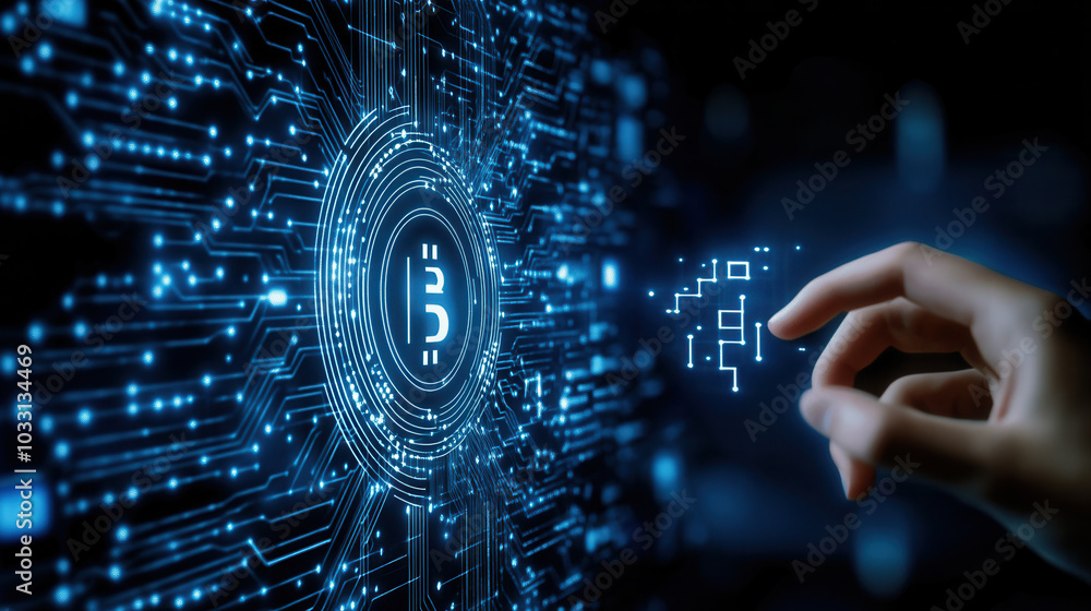 Aufkleber digital technology is represented by robotic hand interacting with glowing circuit board, symbolizin