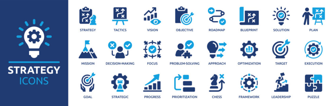 Strategy icon set. Containing goal, tactics, vision, plan, objective, roadmap, problem-solving, mission, solution and execution. Solid vector icons collection.