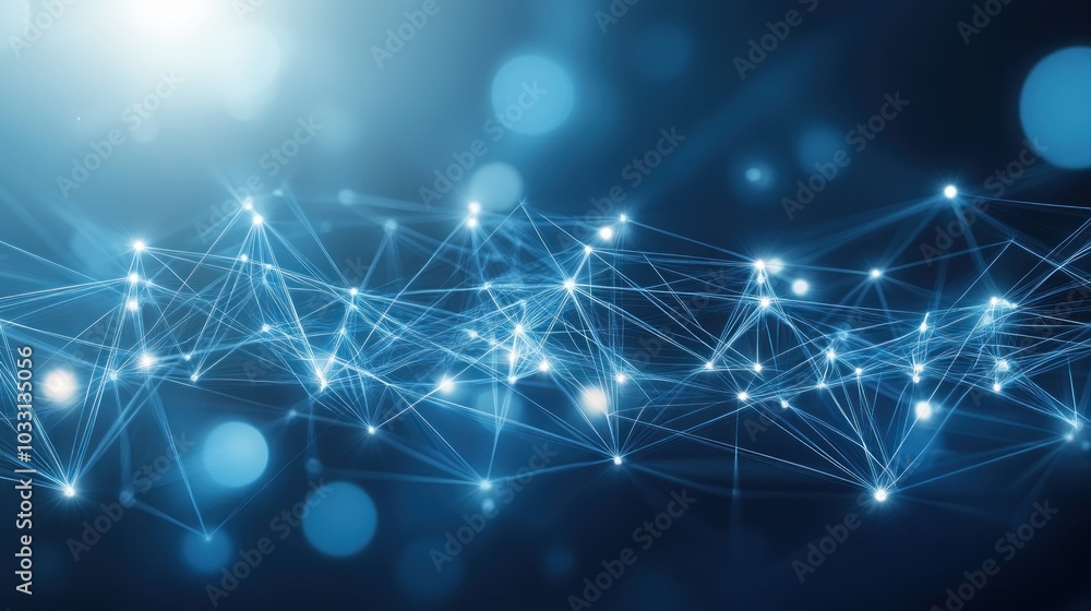 Poster abstract blue background with glowing connected dots and lines.