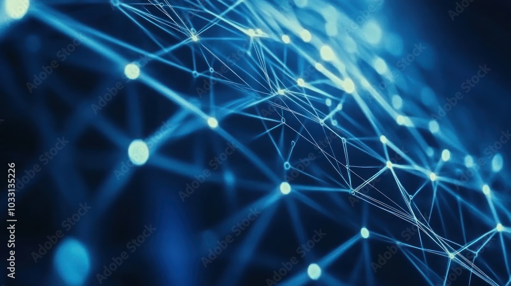 Poster abstract blue glowing network with connected nodes and lines.