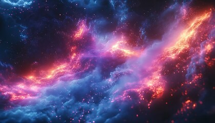 A vibrant cosmic scene showcasing swirling clouds of purple and blue, illuminated by fiery sparks and stars.