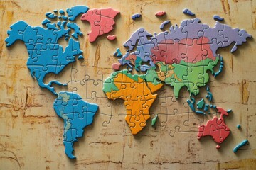 A puzzle world map with interlocking pieces, each shaped like a country or continent, offering a fun and interactive way to learn about world geography