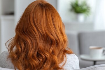 Fototapeta premium Cherry Red Hair in Sunlight A Relaxed Outdoor Cafe Moment