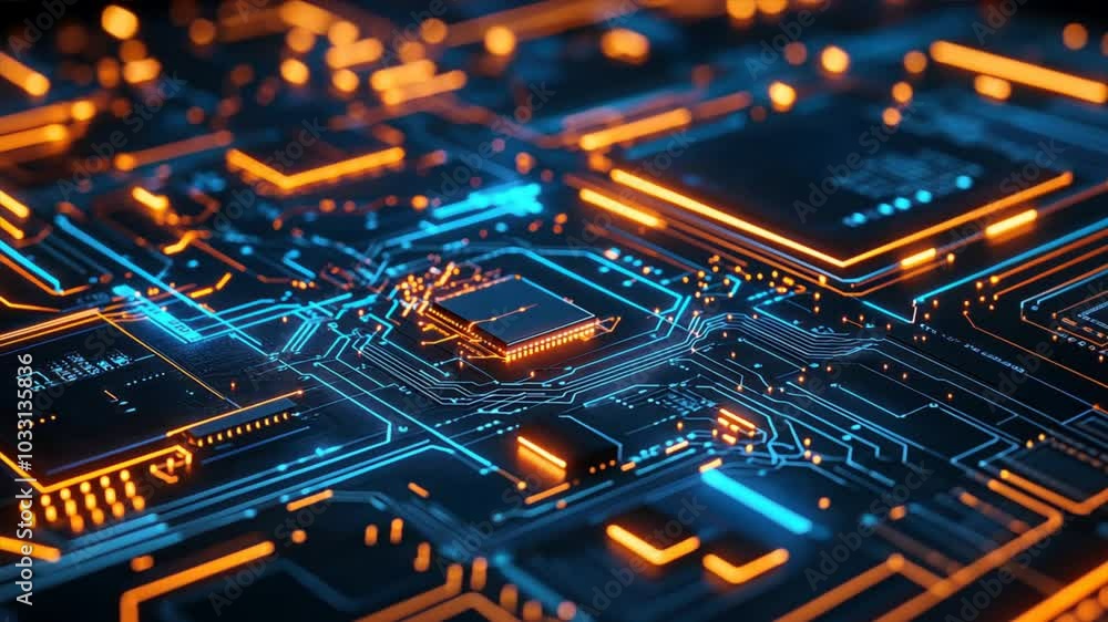 Poster futuristic circuit board with glowing blue lines and microchips, showcasing the complexity and innov