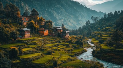 A serene village nestled in a lush valley, with traditional houses and verdant rice terraces, surrounded by a winding river and majestic mountains.