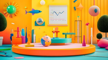 A colorful and playful 3D illustration of a science lab