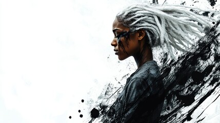 a dynamic cover image Girl with white dreadlocks, profile, chest wound, black ink splashing from the wound, heartache. solid white background. high resolution for magazine. Full HD.
