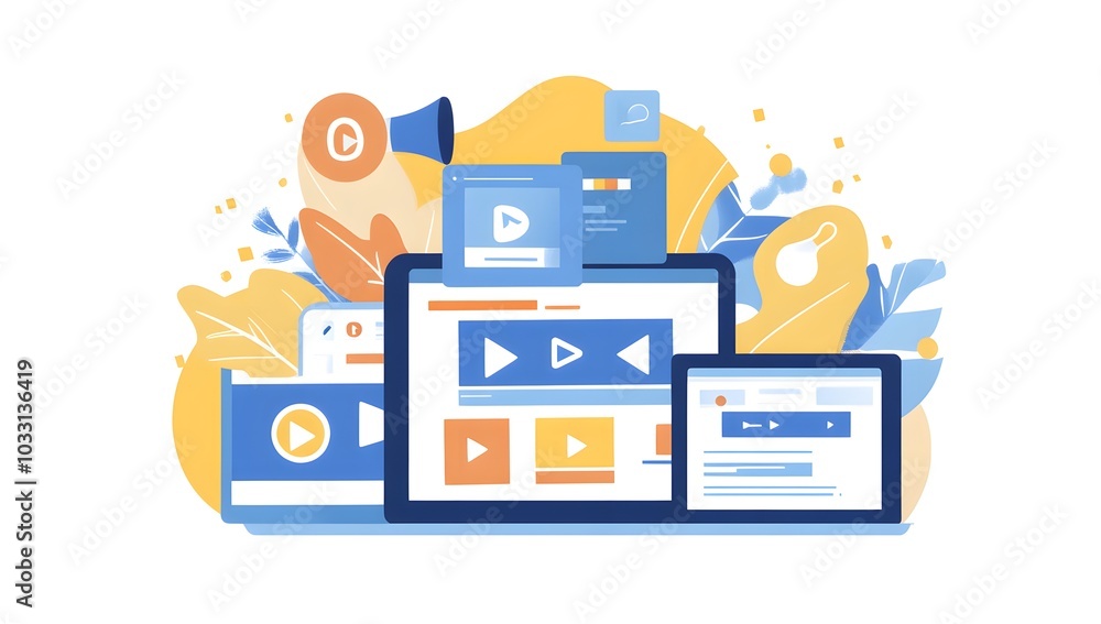 Poster a flat vector illustration of web design and development with a laptop, tablet computer displaying a