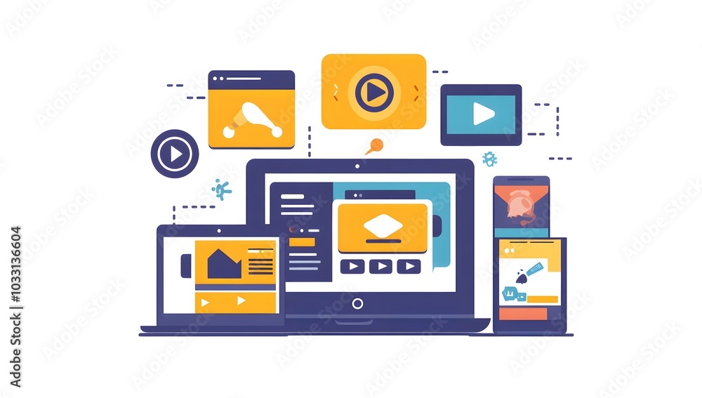 Poster a flat vector illustration of web design and development with a laptop, tablet computer displaying a