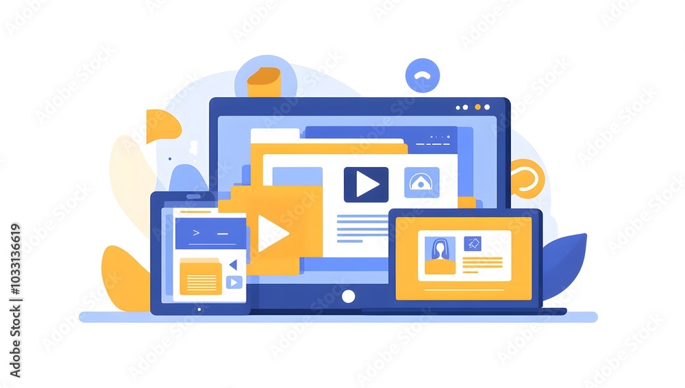 Poster a flat vector illustration of web design and development with a laptop, tablet computer displaying a