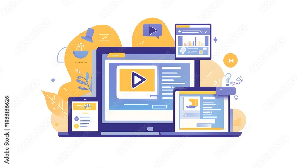 Poster a flat vector illustration of web design and development with a laptop, tablet computer displaying a
