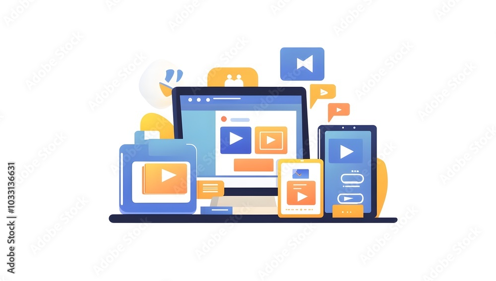 Poster a flat vector illustration of web design and development with a laptop, tablet computer displaying a