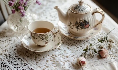 Fototapeta premium Teacup, teapot, roses and lace tablecloth.