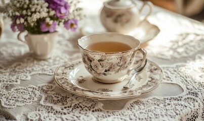 Fototapeta premium Ornate teacup on lace tablecloth with flowers.