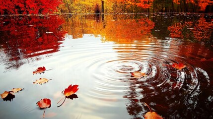 Autumn leaves floating on a pond with ripples from a falling leaf.