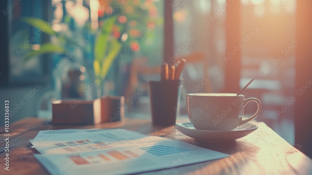 Aufkleber a cup of coffee sits on a wooden table next to papers with colorful charts and graphs. the sun shine
