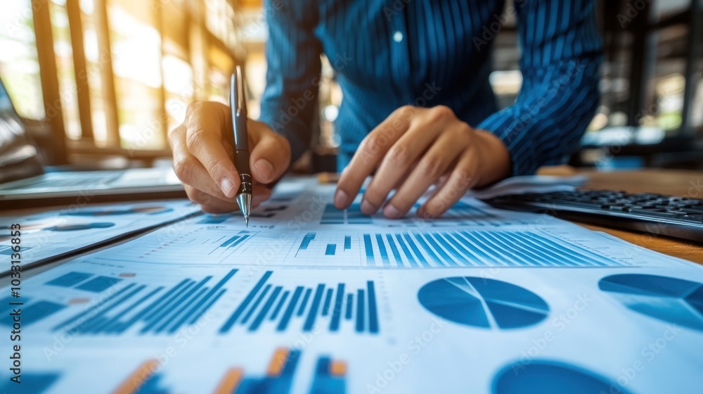 Poster close up of a businessman's hands analyzing financial data with a pen.