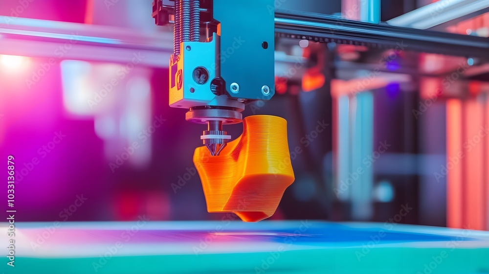 Poster close-up of an orange 3d printed object being created by a 3d printer