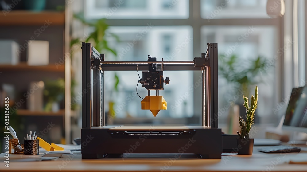 Poster a 3d printer with a yellow nozzle positioned above a printing platform