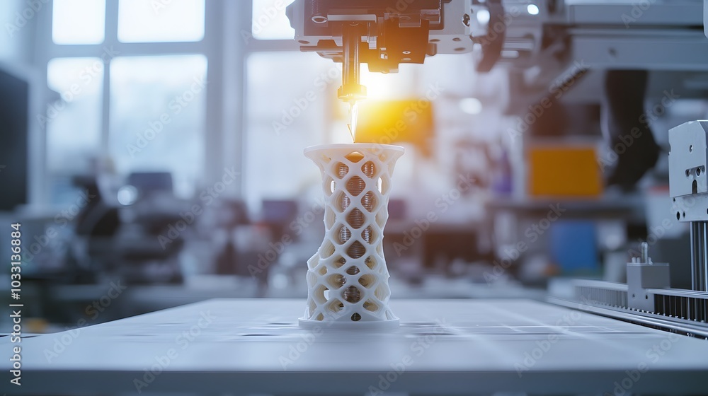 Poster 3d printing machine creating a white lattice structure
