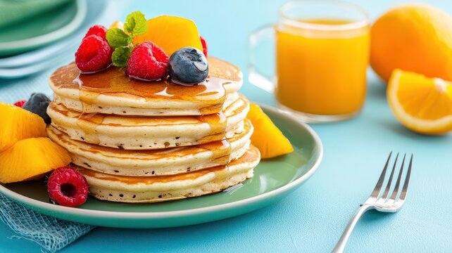 Colorful breakfast setup with pancakes and fruit toppings, drenched in syrup with a vibrant table setting and bold accents, 3D illustration - Powered by Adobe