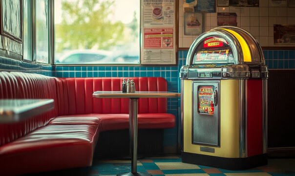 Retro diner booth, jukebox, and tiled floor.