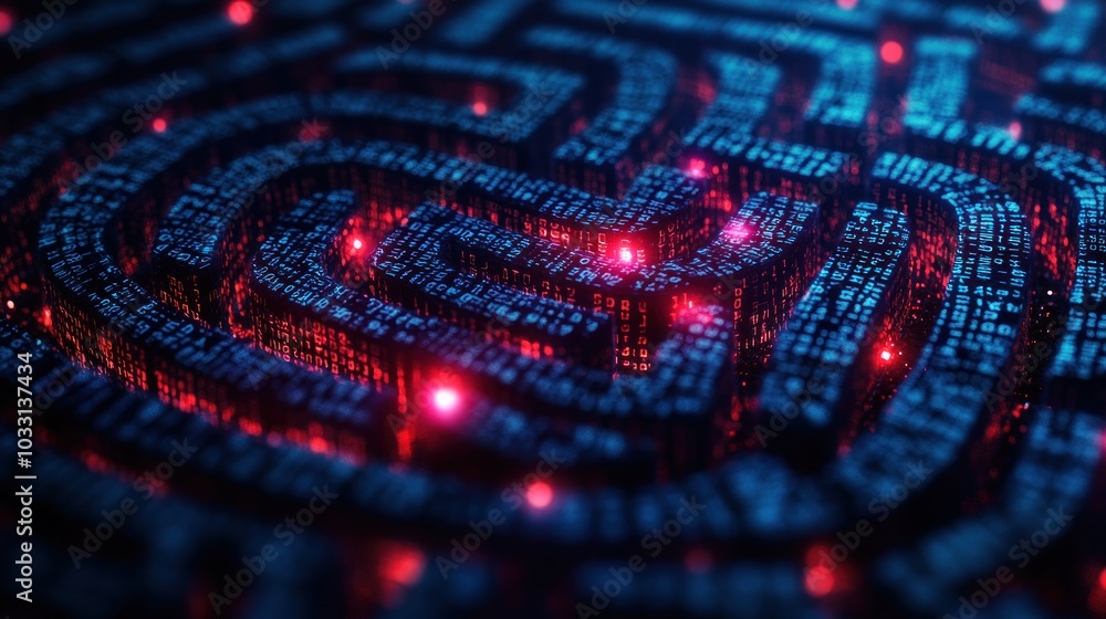 Poster a digital maze with glowing elements, symbolizing complexity and technology.