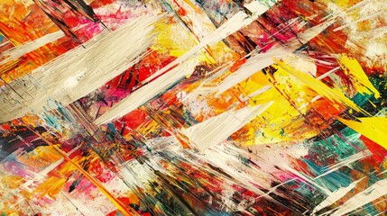 Abstract painting with diagonal brushstrokes in bright colors.