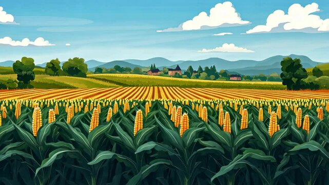 A field of corn stands tall in the sun, with a distant village in the background