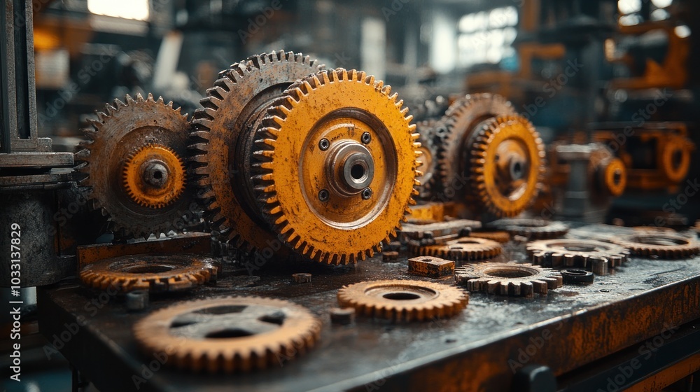 Poster a collection of rusty gears and cogs on a workbench in an industrial setting.