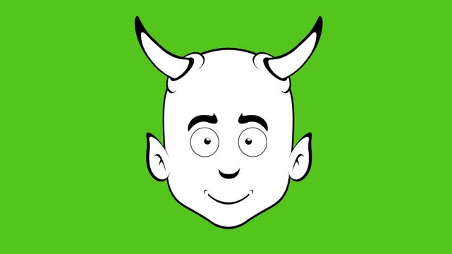 video drawing animation emoji face demon character cartoon illustration, with a happy expression and his hands with the thumbs up, sketch drawn in black and white color. On a green background