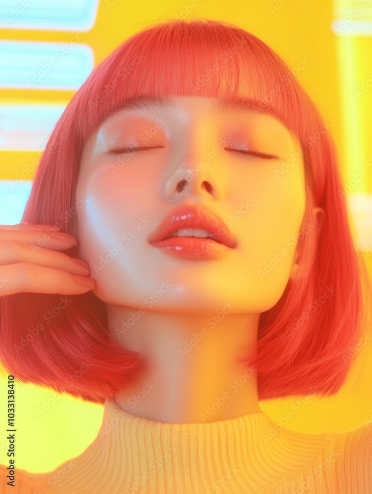 Aufkleber Futuristic Redhead Model in Tech-Inspired Setting with Digital Screens