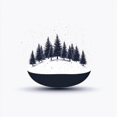 Stylized snow-covered forest in a black bowl, white isolated background.