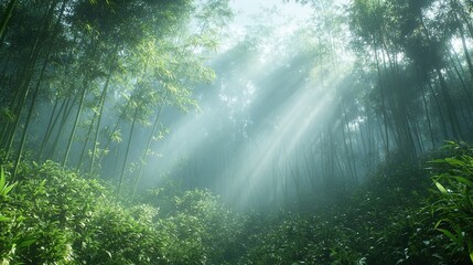 Obraz premium Misty morning in a lush bamboo forest with green foliage