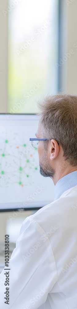 Poster Focused Male Scientist Analyzing Data on Computer Screens in Modern Laboratory