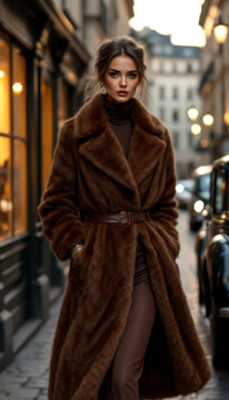 Elegant woman in vintage fur coat walking through city streets at dusk