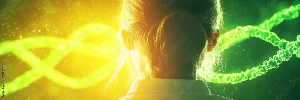 Poster female scientist in laboratory analyzing apple samples with digital displays in tech-inspired enviro