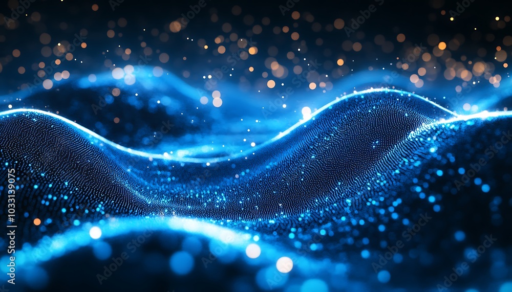Poster a captivating abstract design featuring shimmering blue waves with sparkling elements, evoking a sen