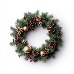 Christmas wreath with pinecones and ornaments, white isolated background