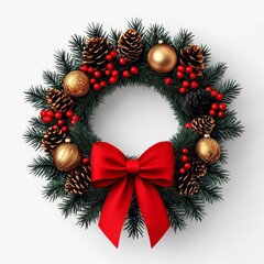 Christmas wreath with pine cones and red bow on white background
