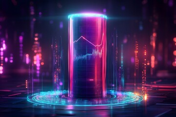 Fototapeta premium A futuristic cylinder with data visualizations and graphs on it, set against an abstract digital background with glowing elements and holographic displays around the sides.